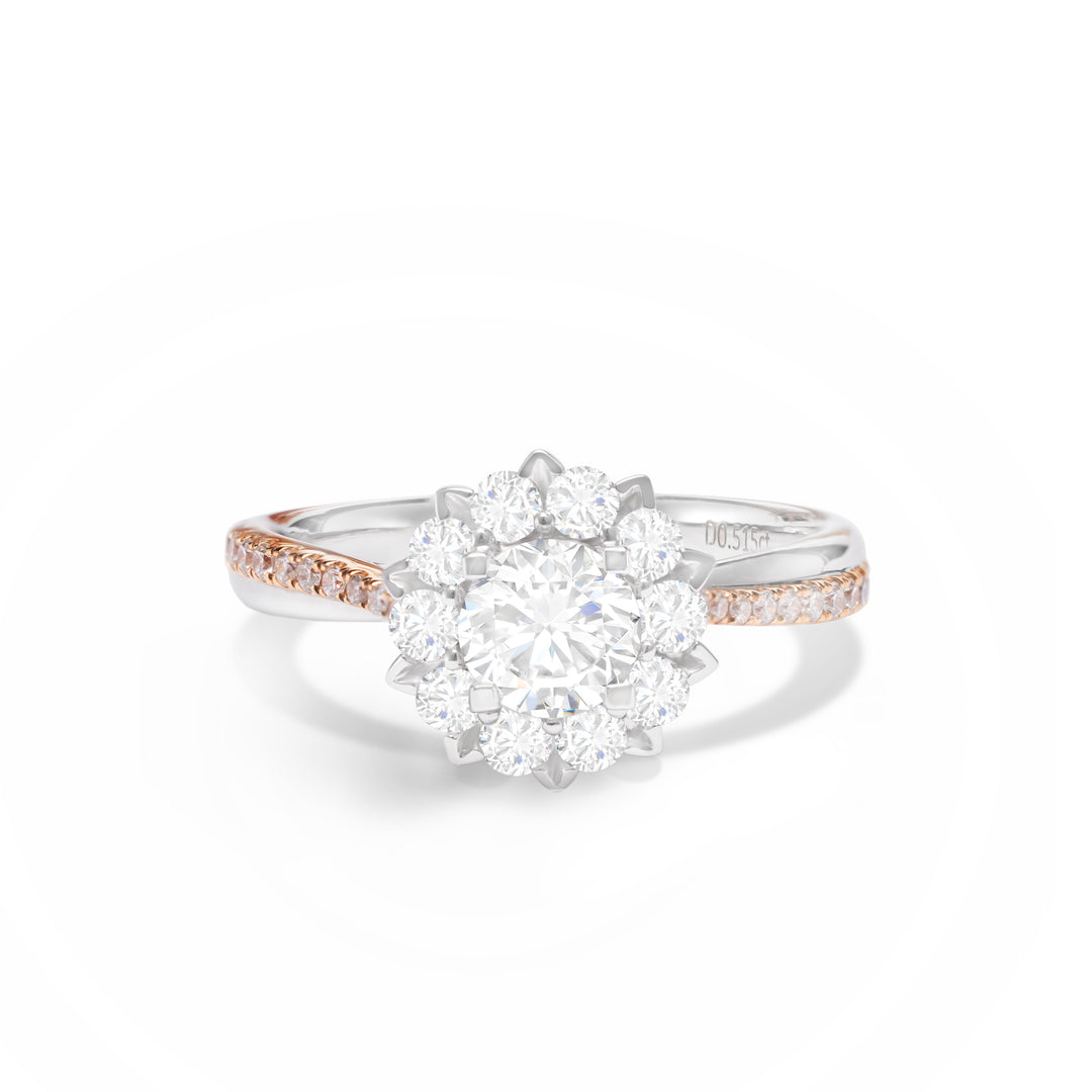 Flower Shaped Round Cut Halo Diamond Two Tone Engagement Ring