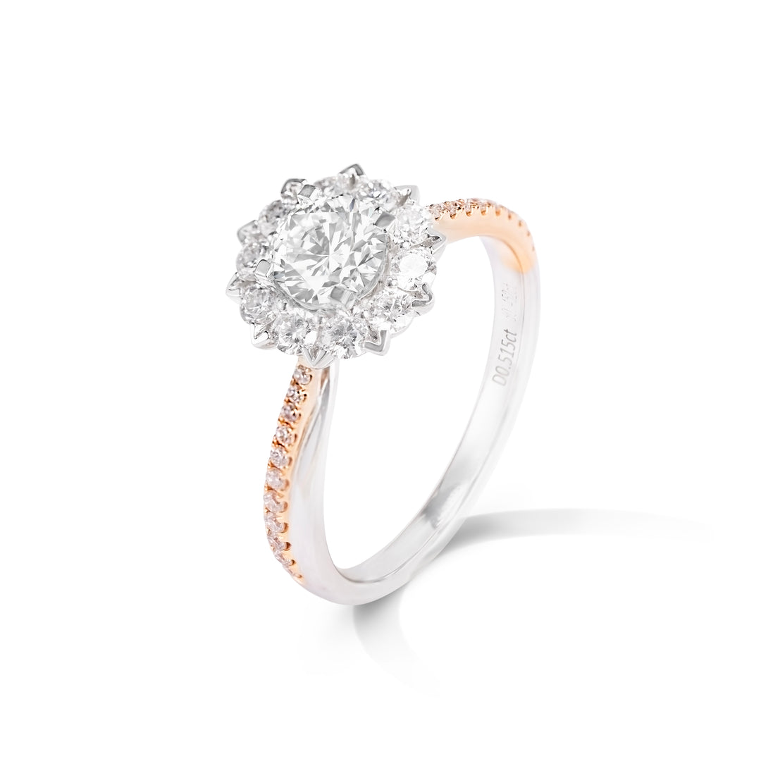 Flower Shaped Round Cut Halo Diamond Two Tone Engagement Ring