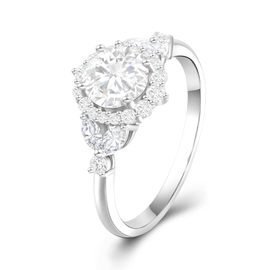 Dainty Flower Shape Round Cut Halo Engagement Ring