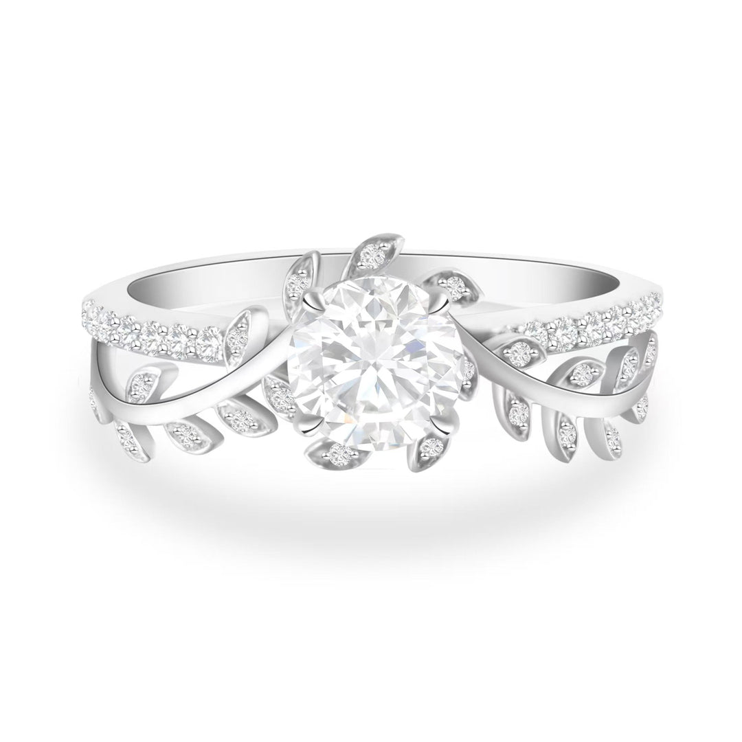 Nature Inspired Round Cut Leaf Pave Engagement Ring