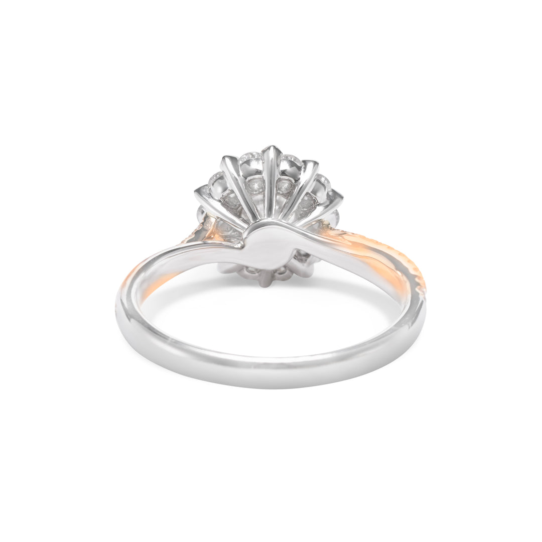 Flower Shaped Round Cut Halo Diamond Two Tone Engagement Ring