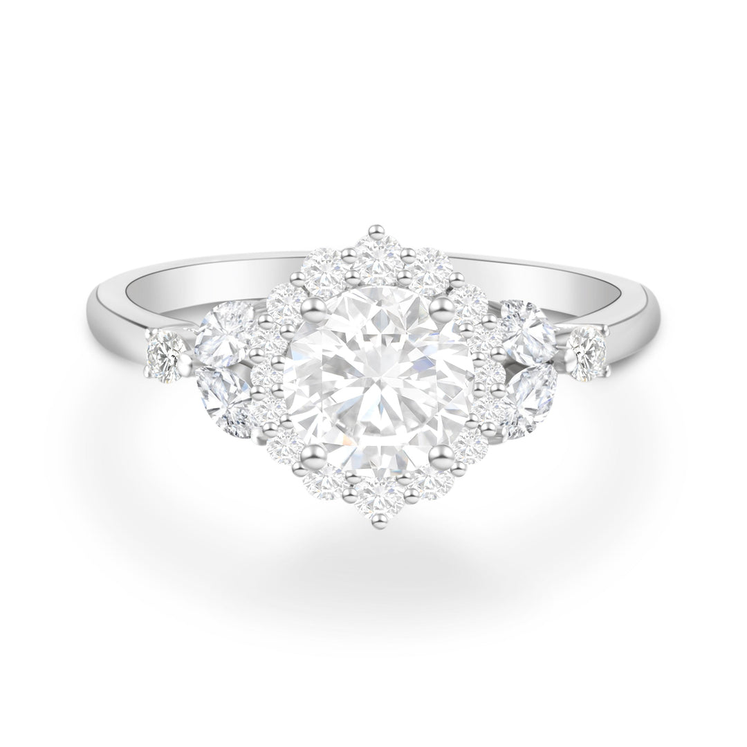 Dainty Flower Shape Round Cut Halo Engagement Ring